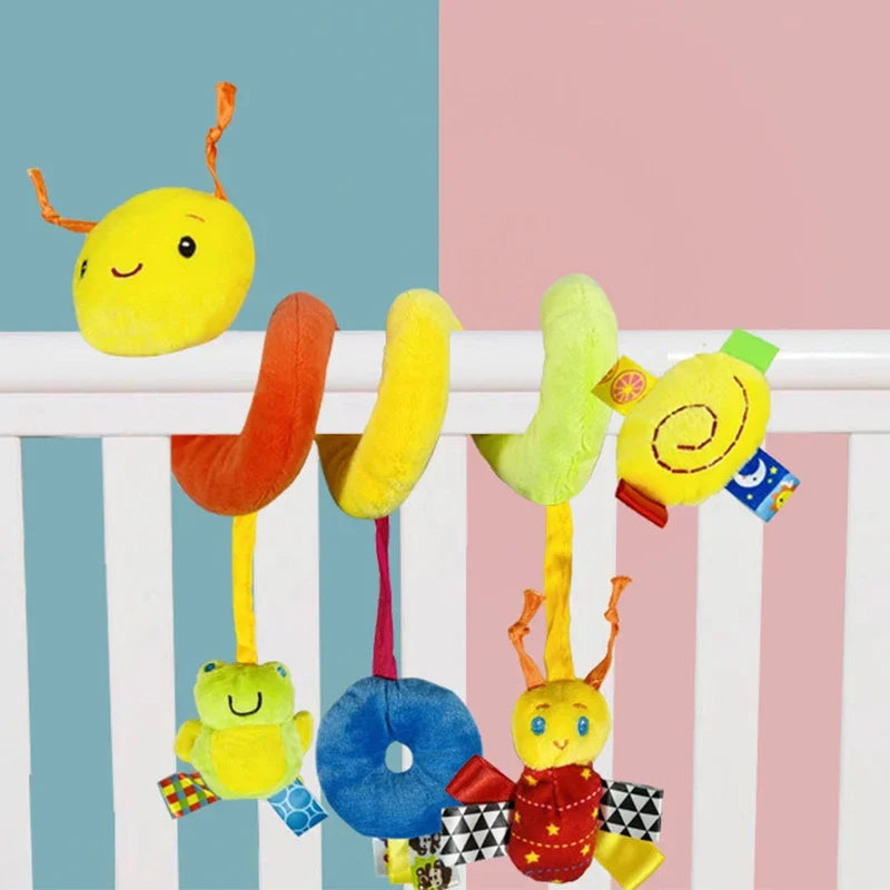 Plush spiral infant car seat toy with colorful animal rattles and textures