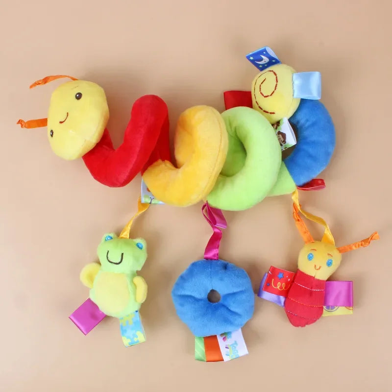 Plush spiral infant car seat toy with colorful animal rattles and textures