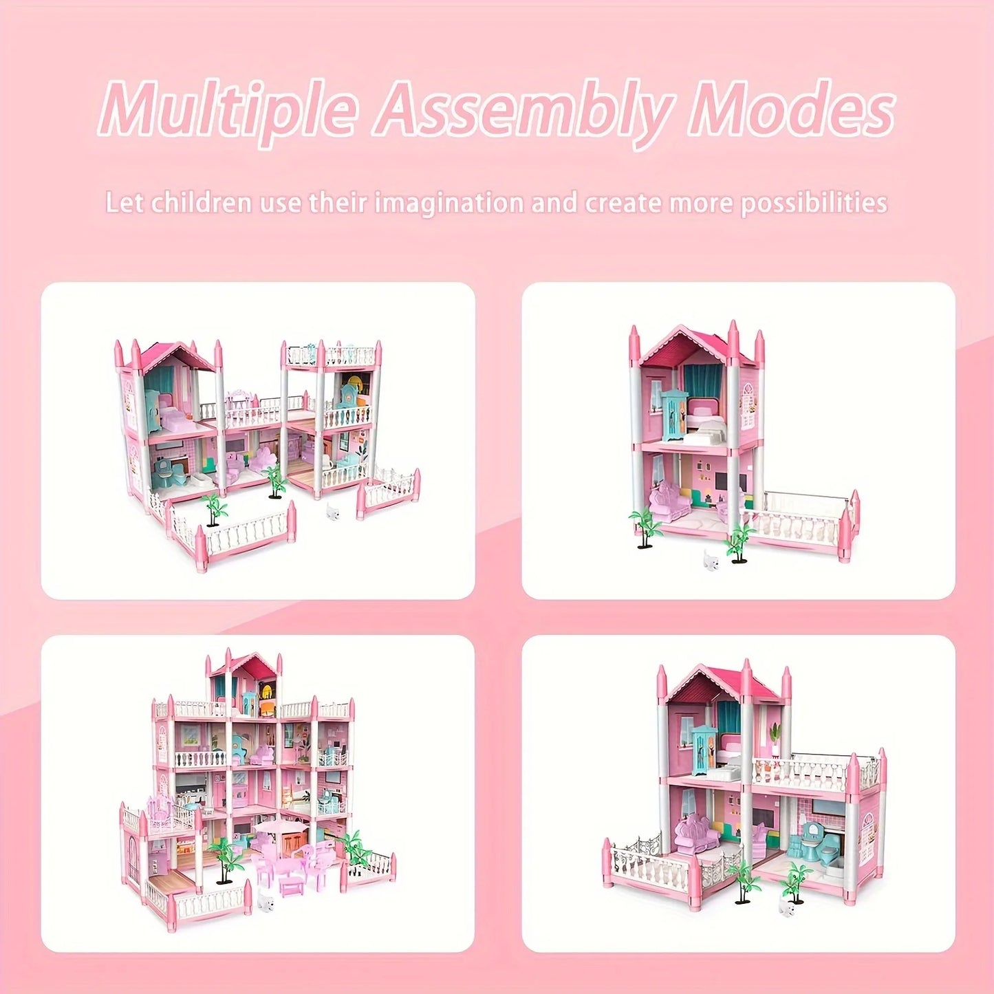 Large multi-story luxury dollhouse playset with family, rooms, and accessories