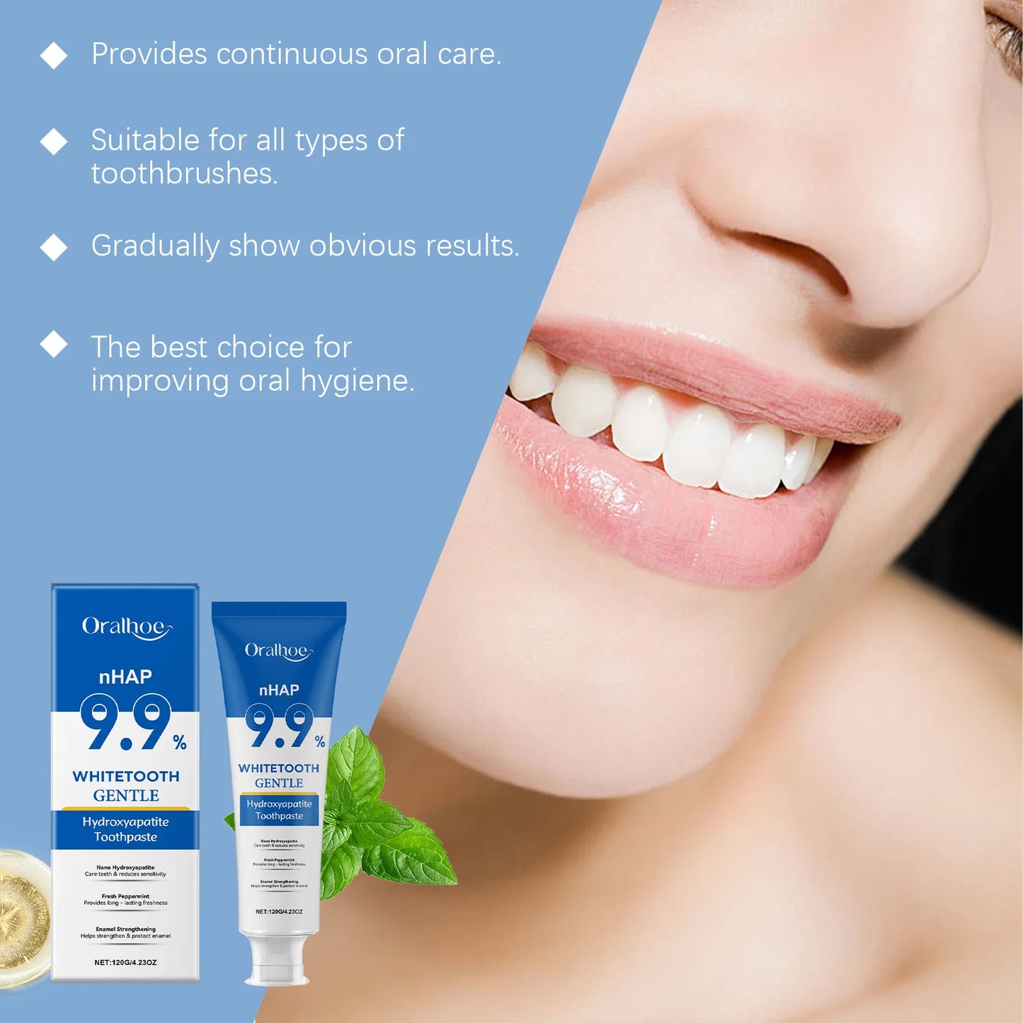 Oralhoe nHAP 9.9% hydroxyapatite toothpaste box and tube mint fresh gentle whitening