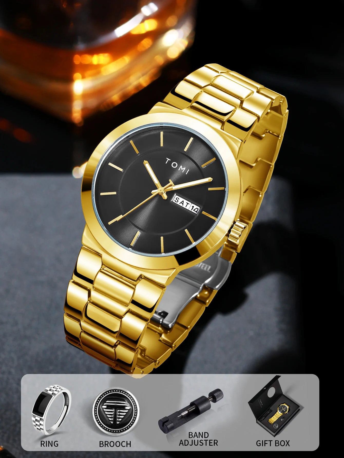 TOMI men’s blue dial minimalist watch with stainless steel bracelet and date display