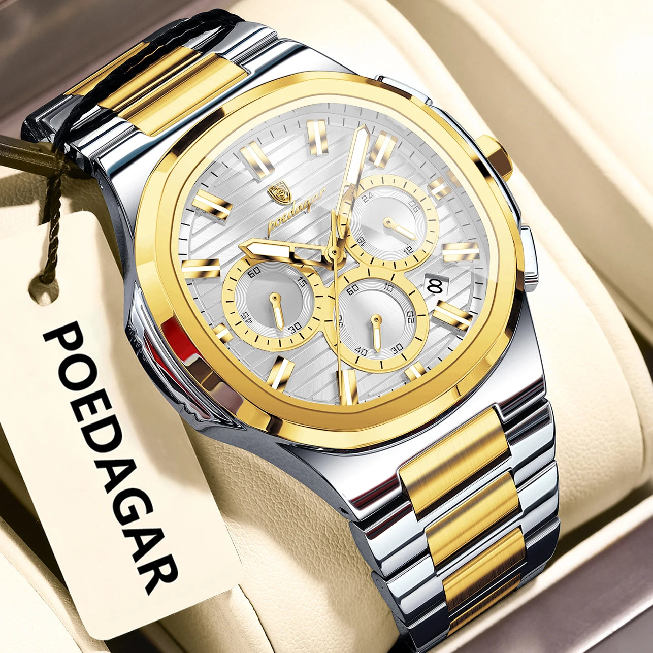 Luxury men’s blue chronograph watch with stainless steel bracelet, sporty dial, and multi-subdial features”