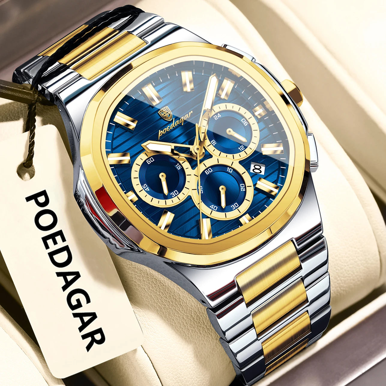 Luxury men’s blue chronograph watch with stainless steel bracelet, sporty dial, and multi-subdial features”