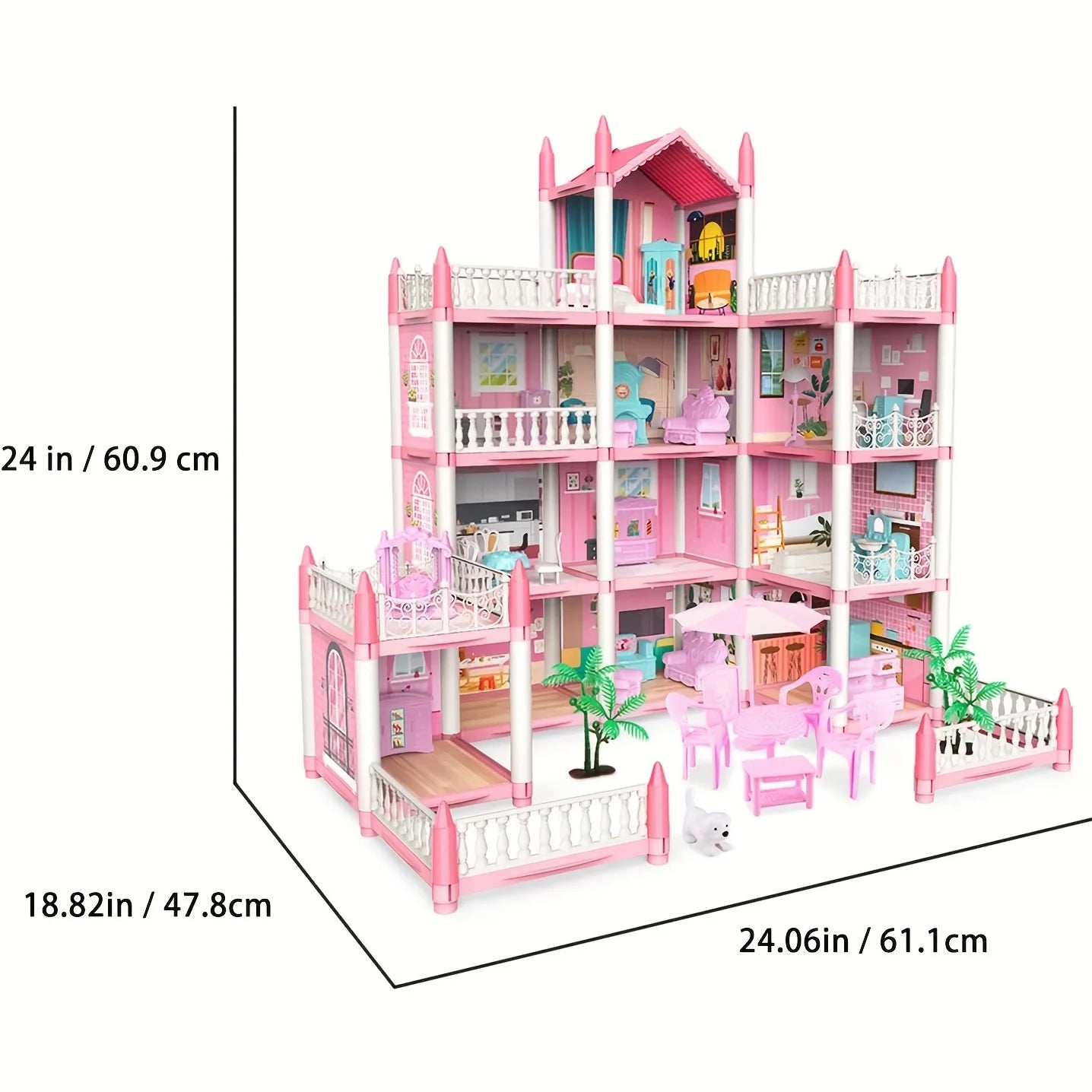 Large multi-story luxury dollhouse playset with family, rooms, and accessories
