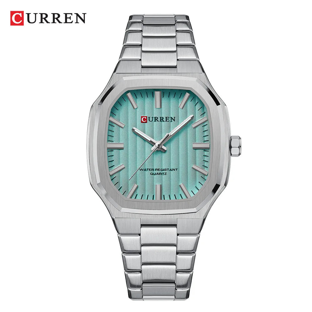 CURREN men’s luxury stainless steel octagonal watch with blue textured dial