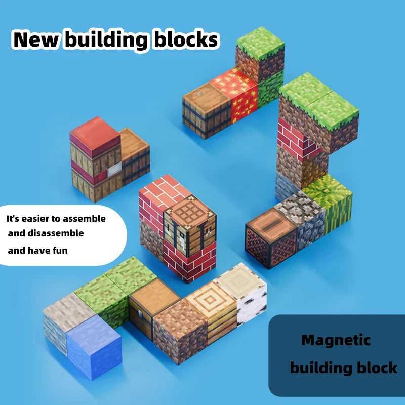 Pixel block building set for family play, colorful cubes, and themed characters