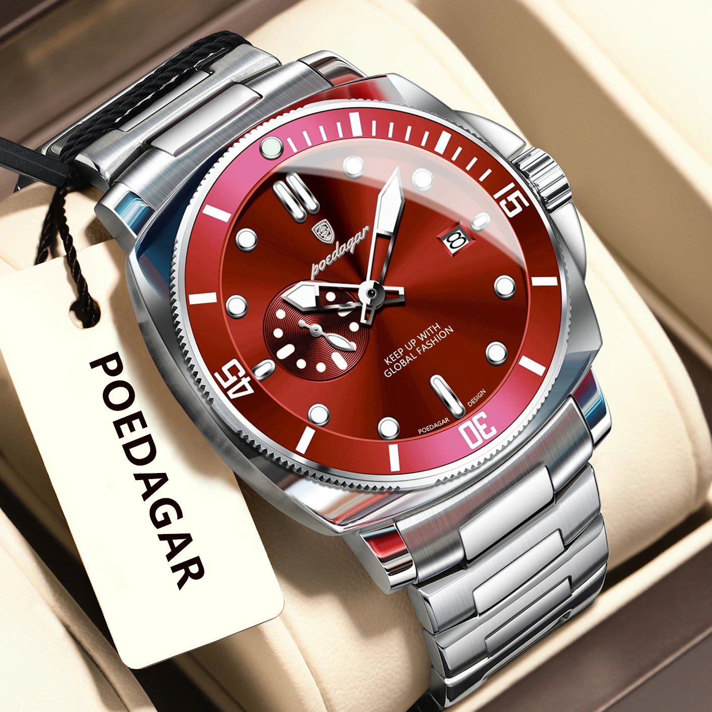 Pagani Design red diver watch with stainless steel bracelet and bold red dial