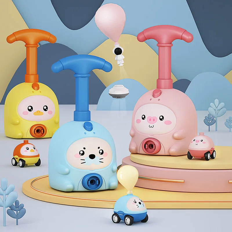 Balloon powered car launcher toy for kids with colorful balloons and cute design