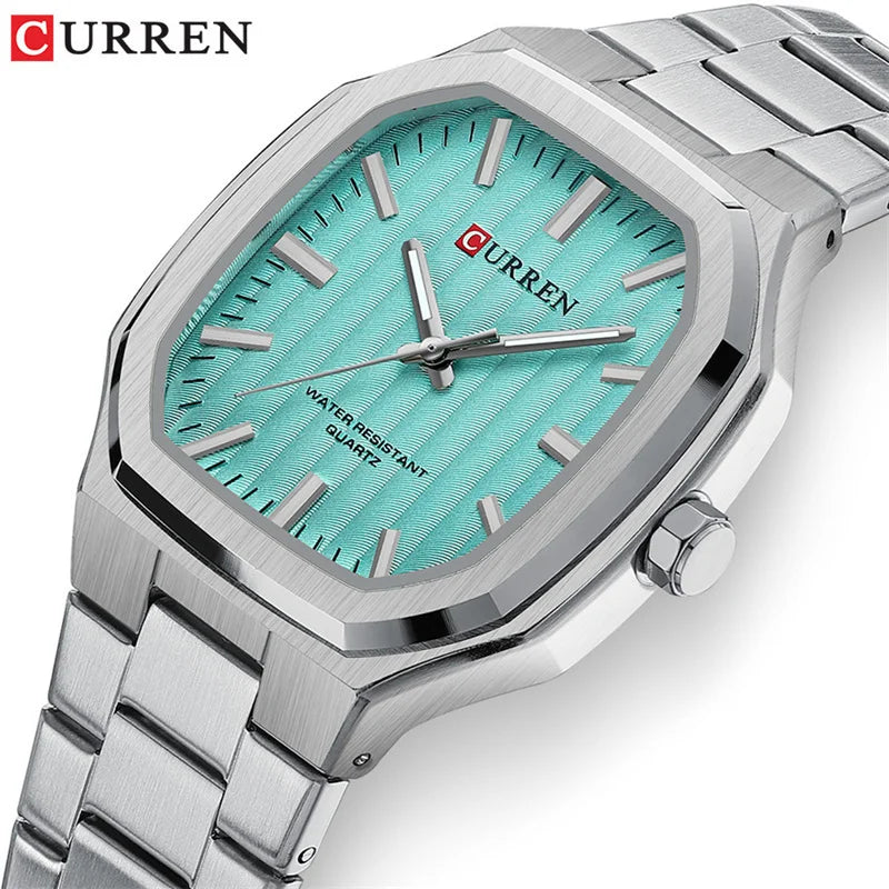 CURREN men’s luxury stainless steel octagonal watch with blue textured dial
