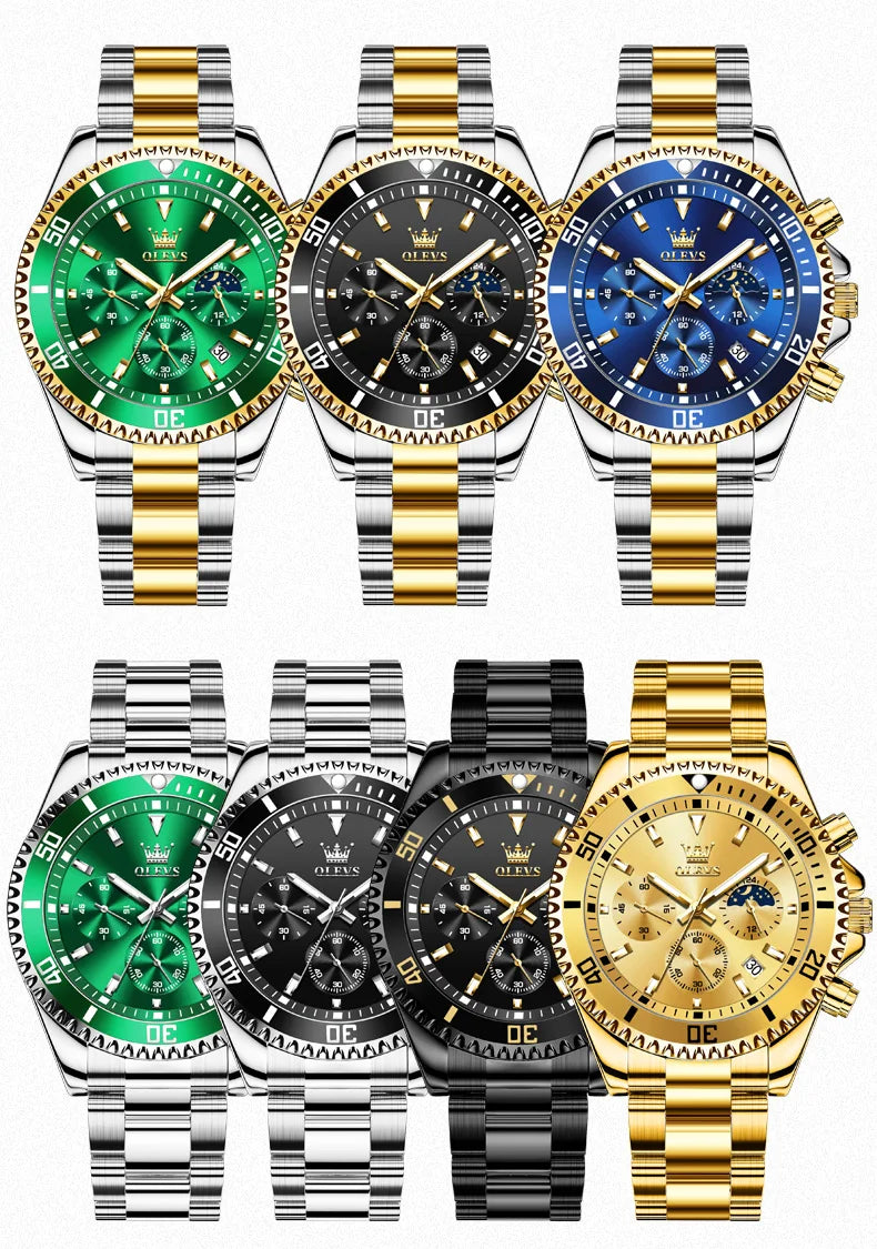 OLEVS chronograph dive watch collection in gold, silver, black, green, and blue with mixed steel bracelets