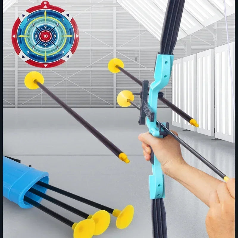 Child playing with bow and arrow toy set, suction cup arrows, and target on wall”