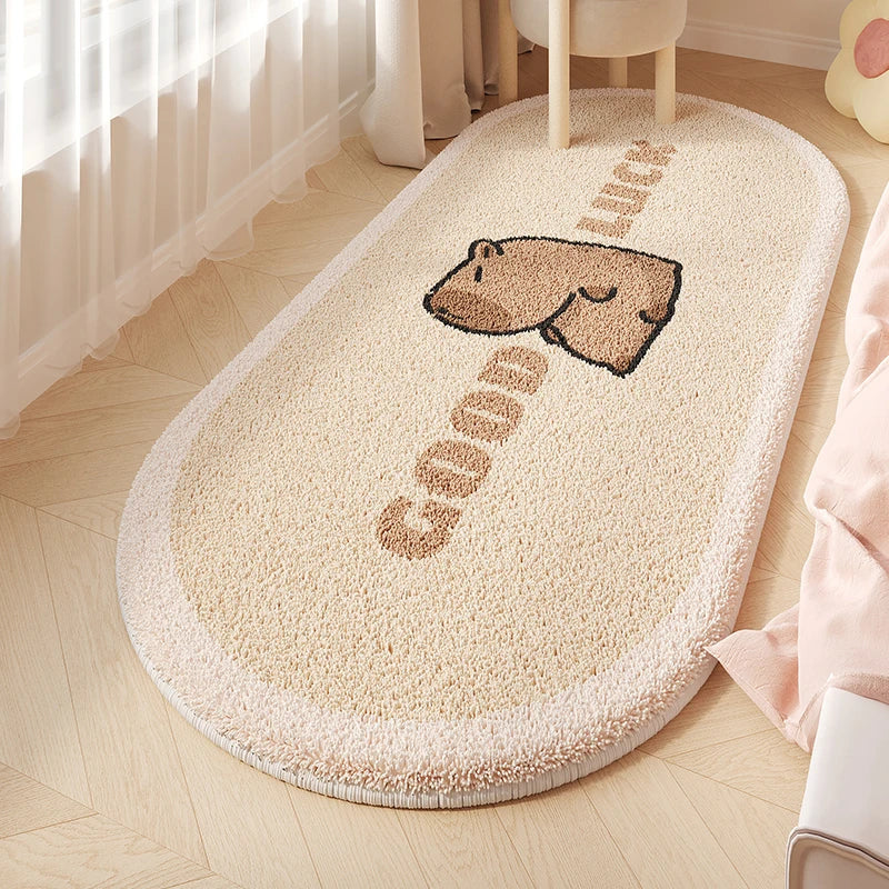 Soft bear print nursery rug with good luck cartoon design