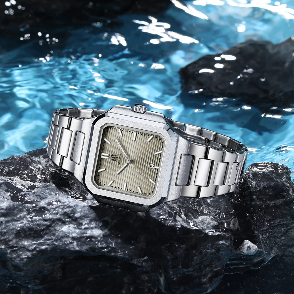 Modern men’s square stainless steel watch with textured dial and link bracelet