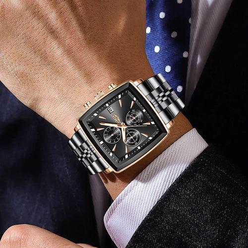 Luxury men’s square chronograph watch with black dial, gold case, and two-tone stainless steel bracelet”