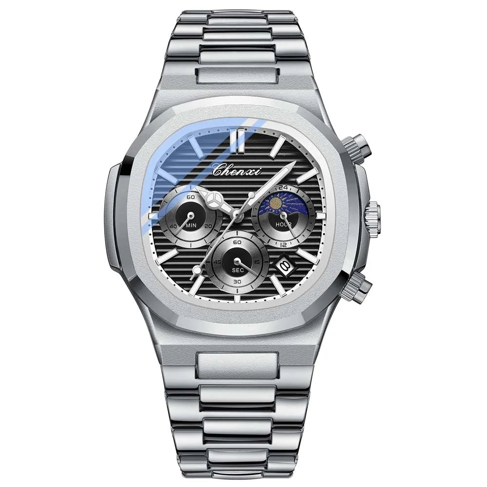 Ekonai blue chronograph watch, silver stainless steel bracelet, textured blue dial, multi-subdials