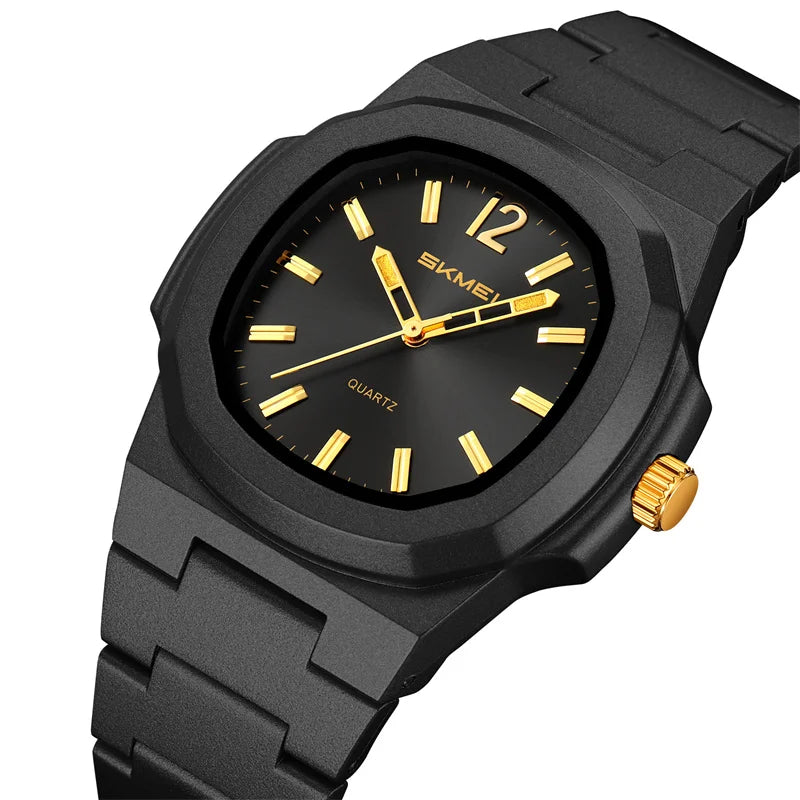 stainless steel octagonal men’s watch with minimalist black dial