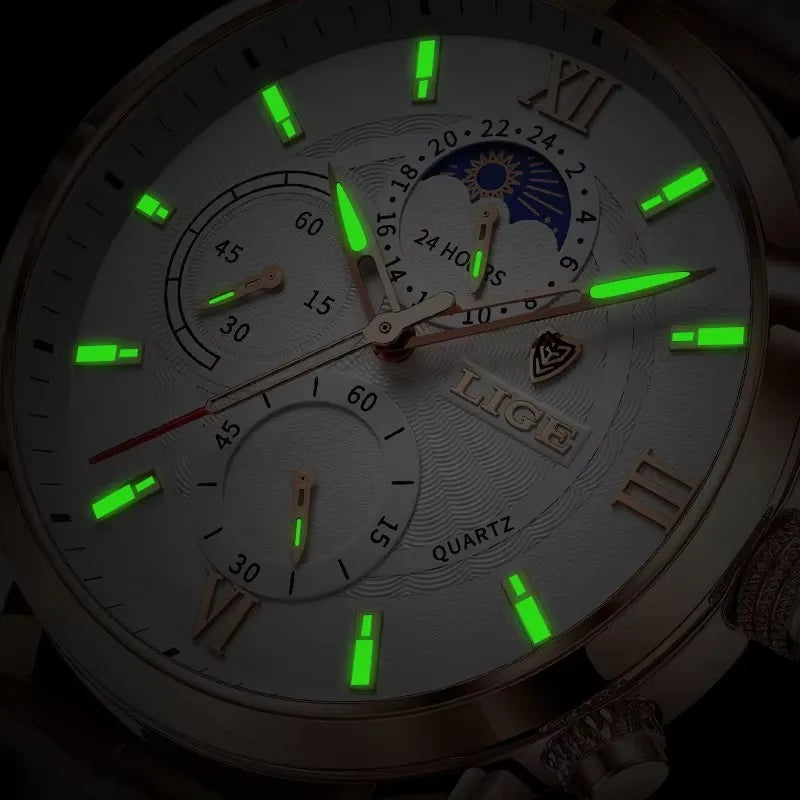 “LIGE rose gold chronograph watch, white dial, brown leather strap, moonphase subdial, formal men’s style