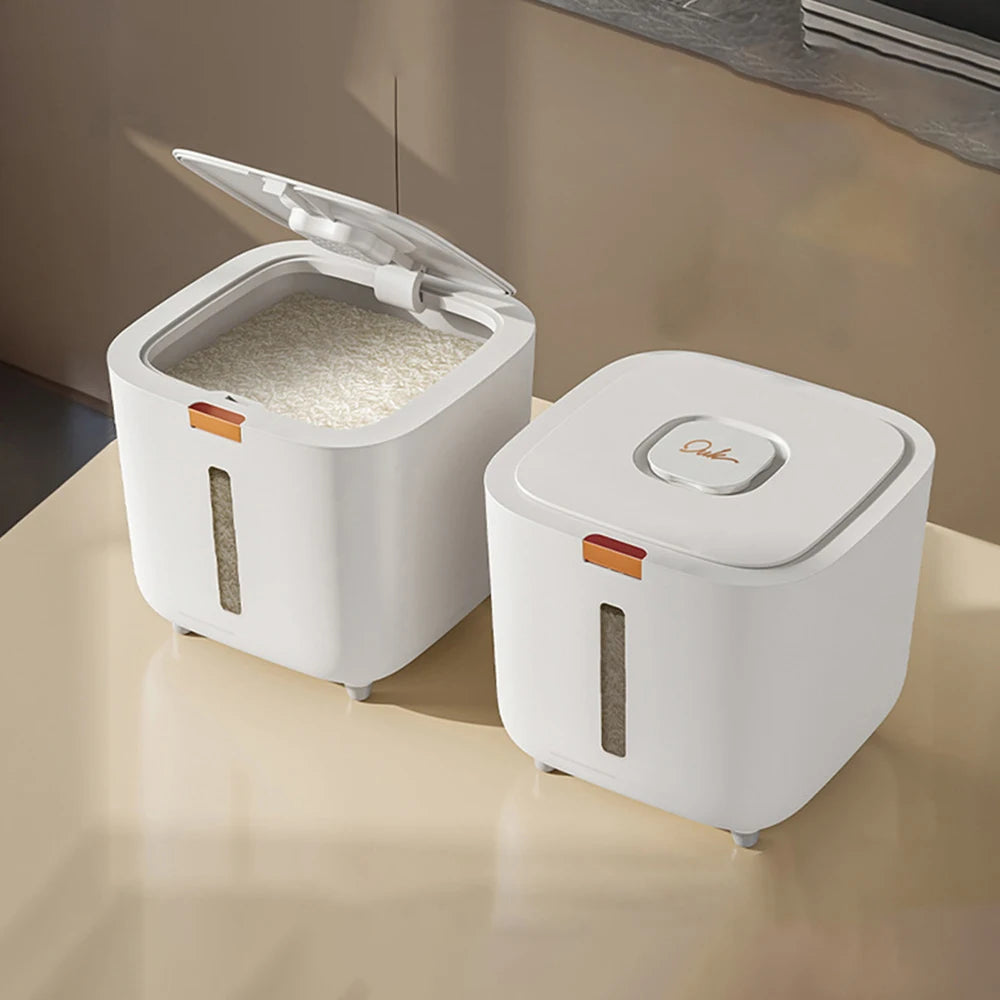 Sealed kitchen rice and grain storage container with moisture absorber and clear window