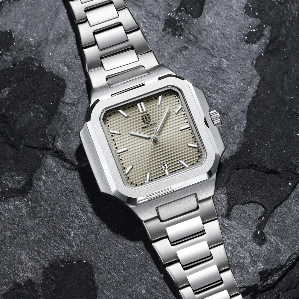 Modern men’s square stainless steel watch with textured dial and link bracelet
