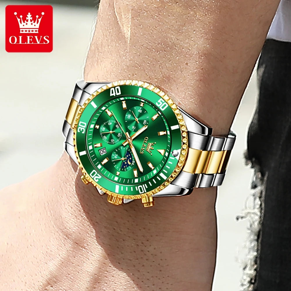OLEVS chronograph dive watch collection in gold, silver, black, green, and blue with mixed steel bracelets