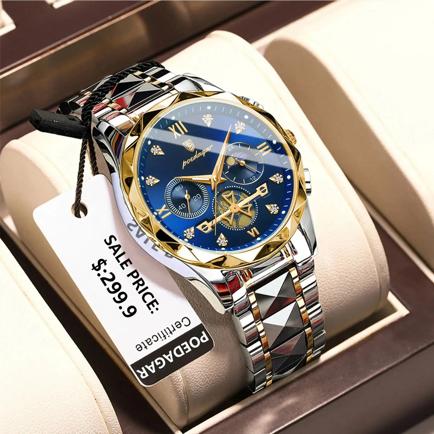 Pagani Design men’s blue dial chronograph watch with gold and silver steel bracelet