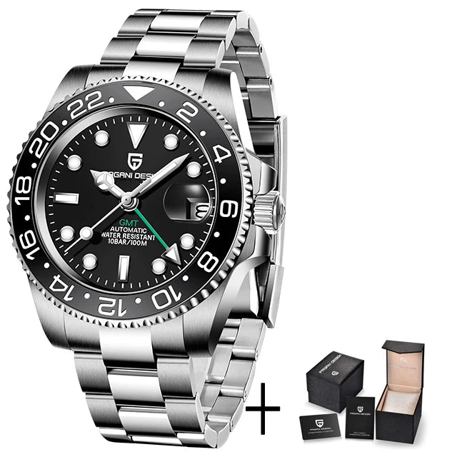 Pagani Design Pepsi GMT automatic men’s watch, red-blue bezel, black dial, Jubilee steel bracelet