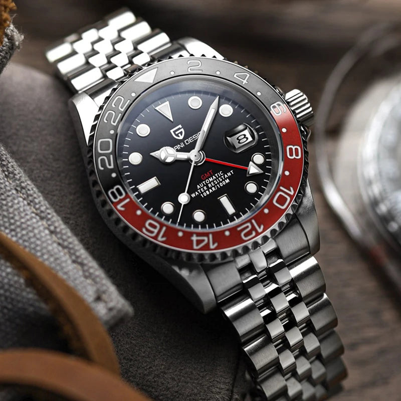 Pagani Design Pepsi GMT automatic men’s watch, red-blue bezel, black dial, Jubilee steel bracelet