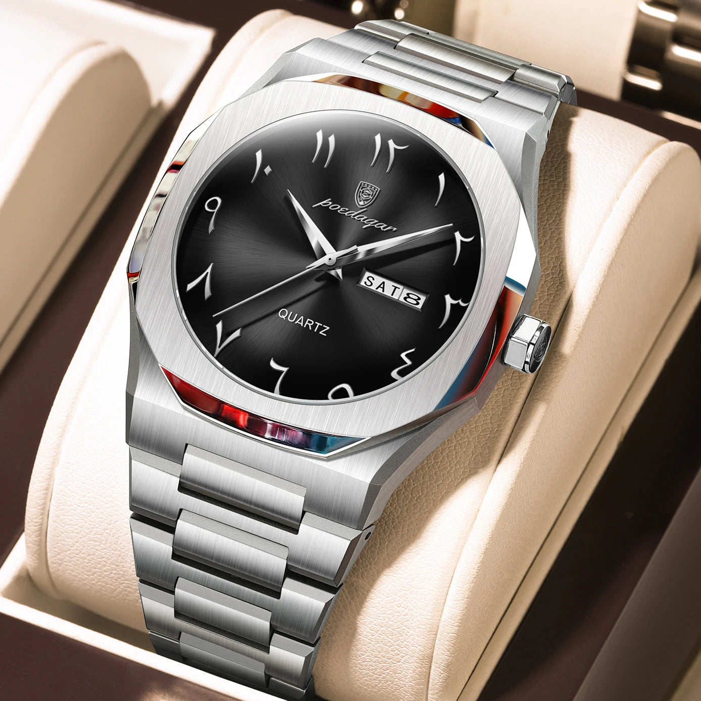 PAGANI DESIGN all-black men’s watch with octagonal case and day date display