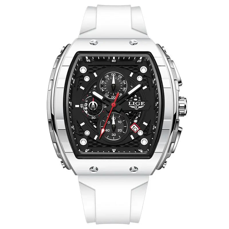 LIGE tonneau sport luxury men’s chronograph watch with black dial, gold accents, silicone strap”