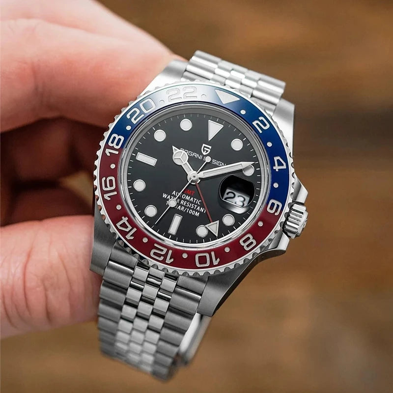 Pagani Design Pepsi GMT automatic men’s watch, red-blue bezel, black dial, Jubilee steel bracelet