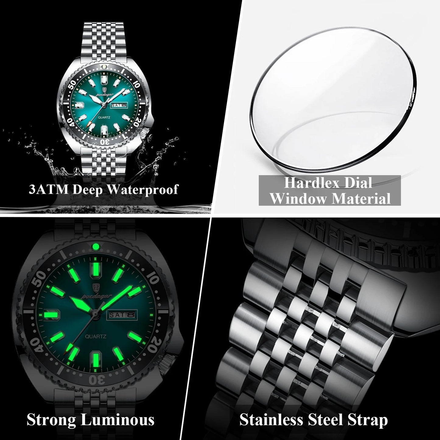 Pagani Design green diver watch with stainless steel bracelet and luminous markers