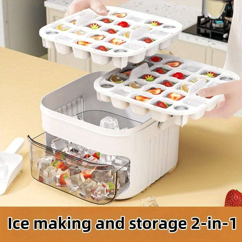 Large capacity ice cube box with easy-release lid, scoop, and clear storage bin