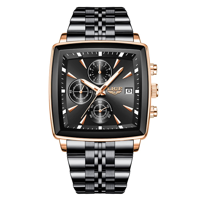 Luxury men’s square chronograph watch with black dial, gold case, and two-tone stainless steel bracelet”