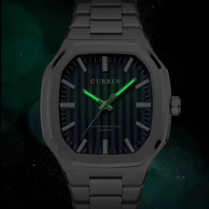 CURREN men’s luxury stainless steel octagonal watch with blue textured dial