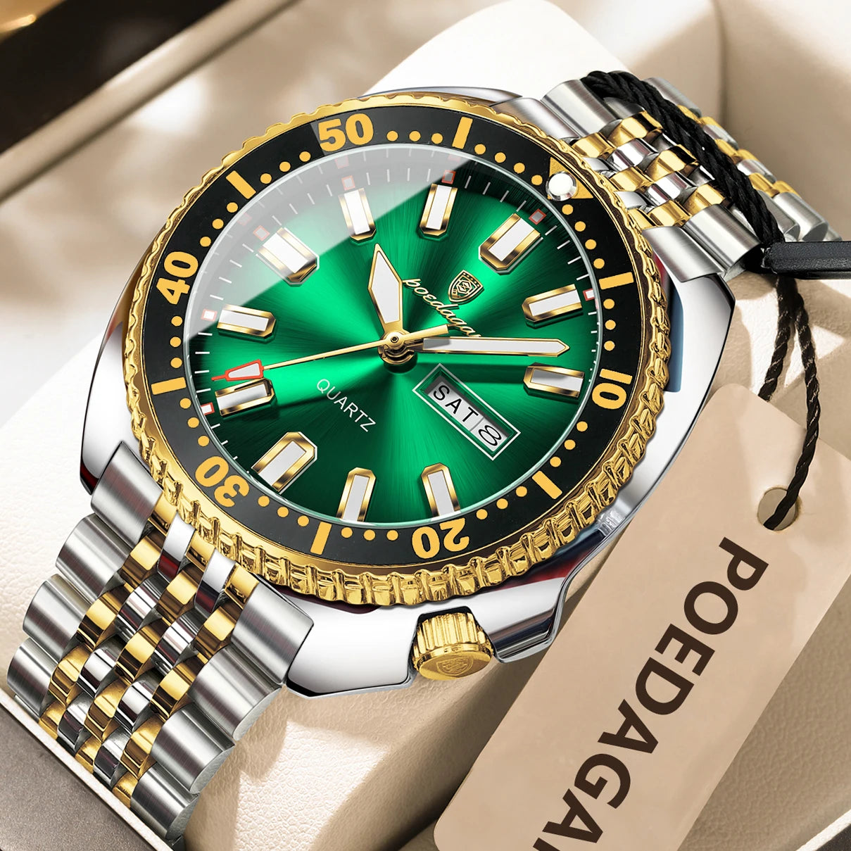 Pagani Design green diver watch with stainless steel bracelet and luminous markers