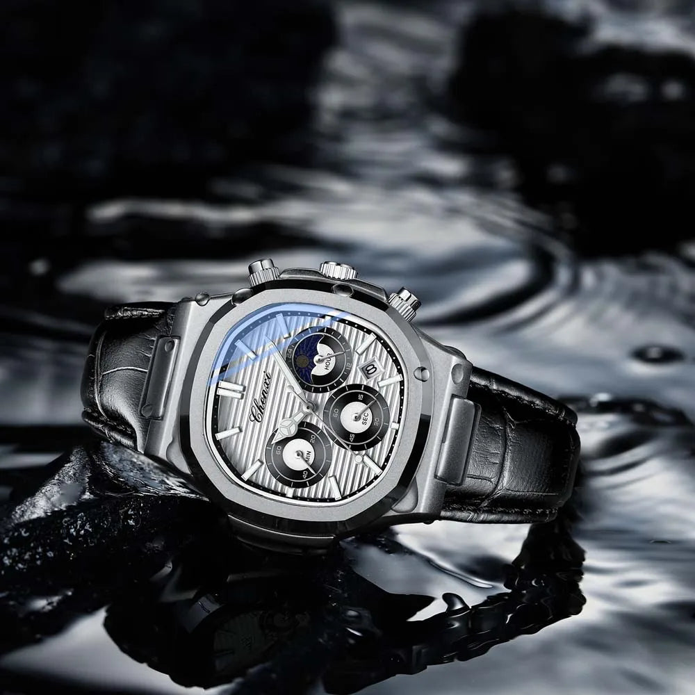 Ekonai blue chronograph watch, silver stainless steel bracelet, textured blue dial, multi-subdials