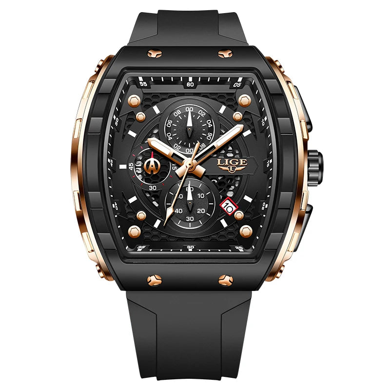 LIGE tonneau sport luxury men’s chronograph watch with black dial, gold accents, silicone strap”