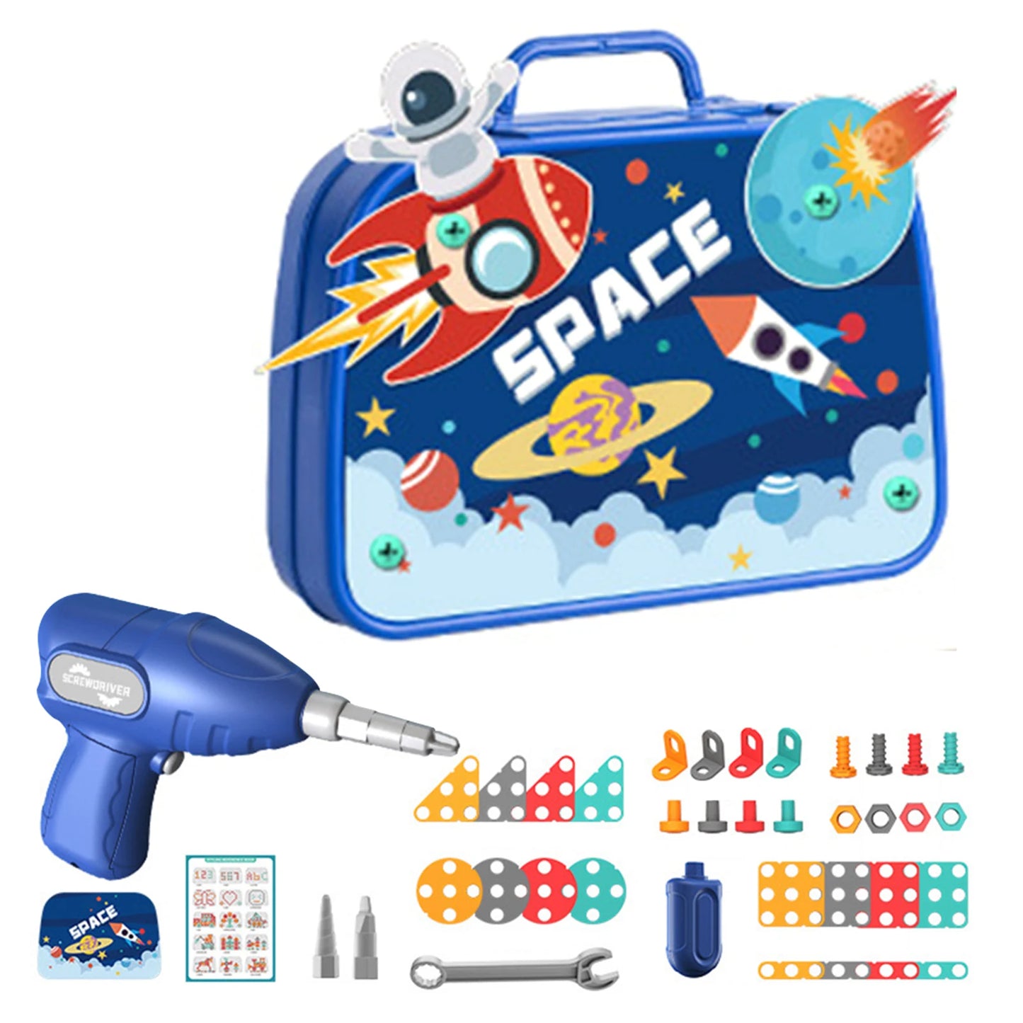 Bear design kids’ STEM drill set with colorful building pieces and case