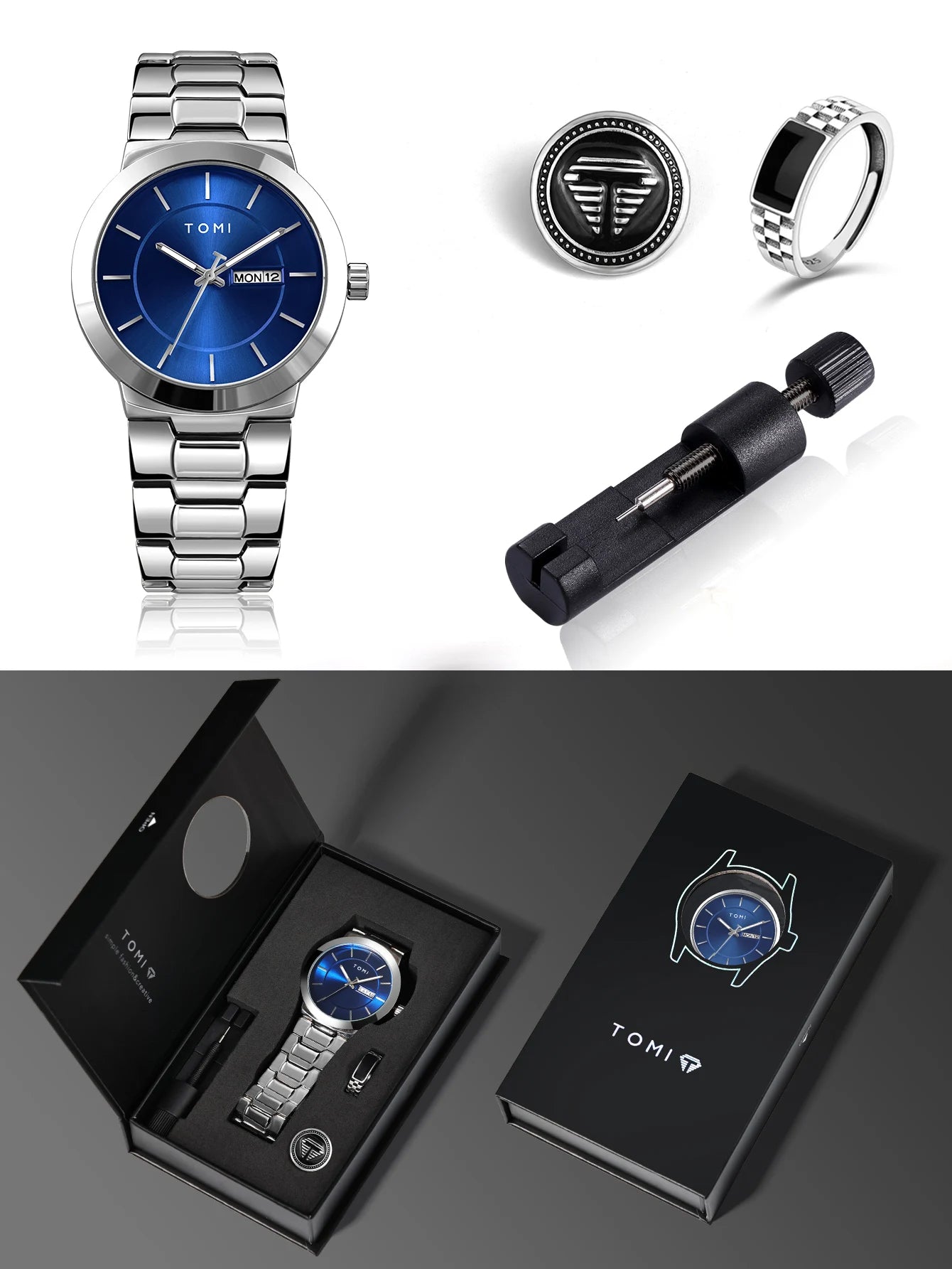 TOMI men’s blue dial minimalist watch with stainless steel bracelet and date display