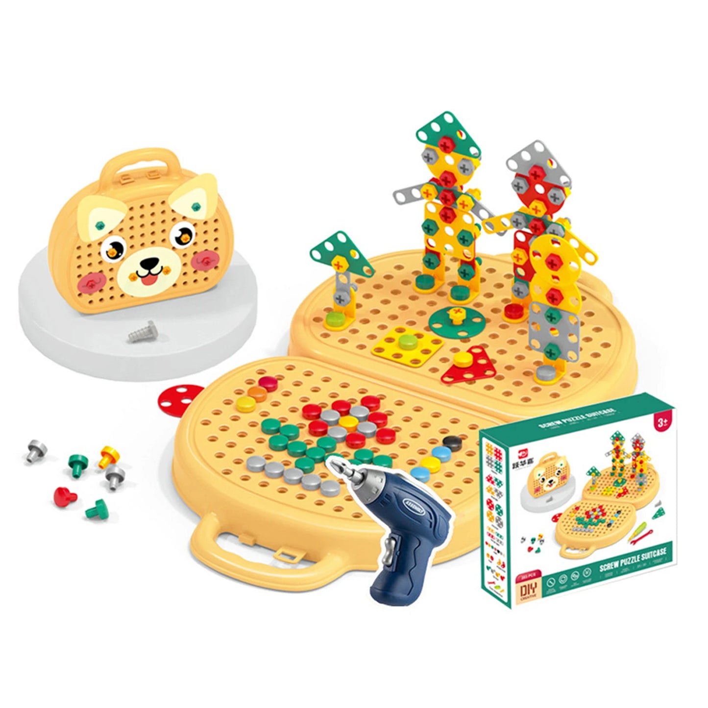 Bear design kids’ STEM drill set with colorful building pieces and case