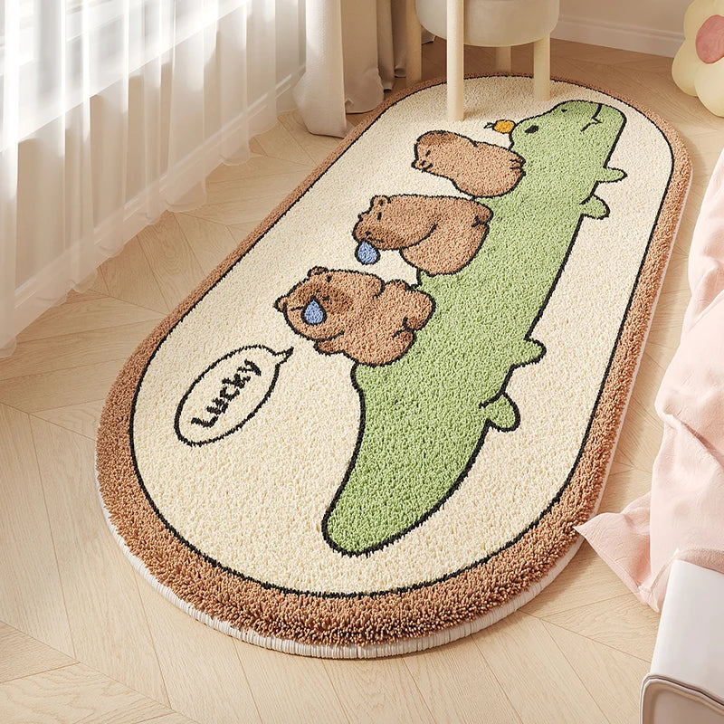 Soft bear print nursery rug with good luck cartoon design