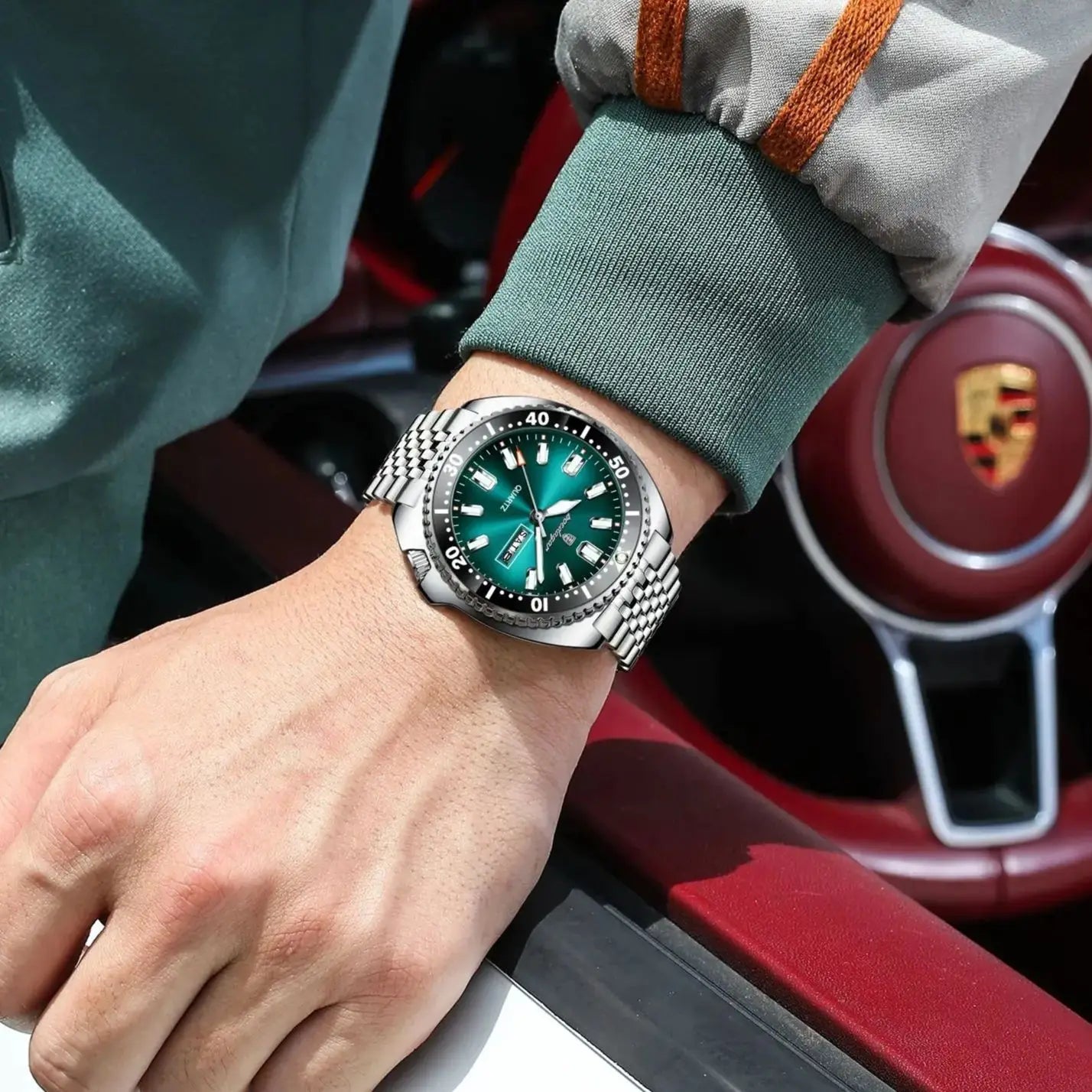 Pagani Design green diver watch with stainless steel bracelet and luminous markers