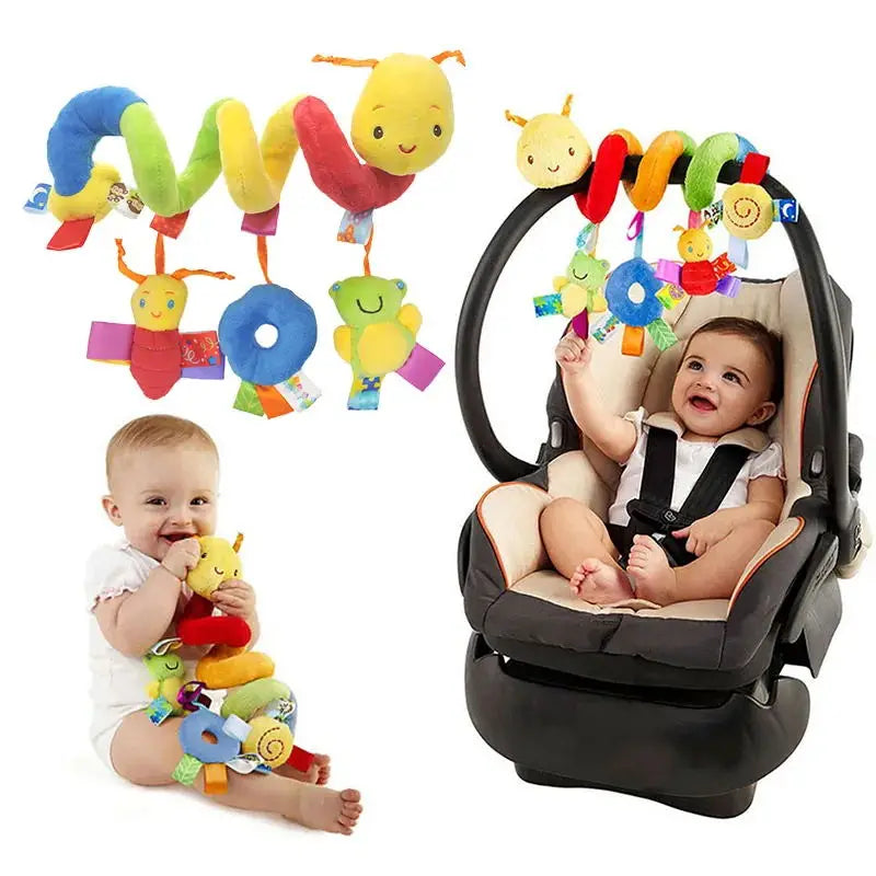 Plush spiral infant car seat toy with colorful animal rattles and textures