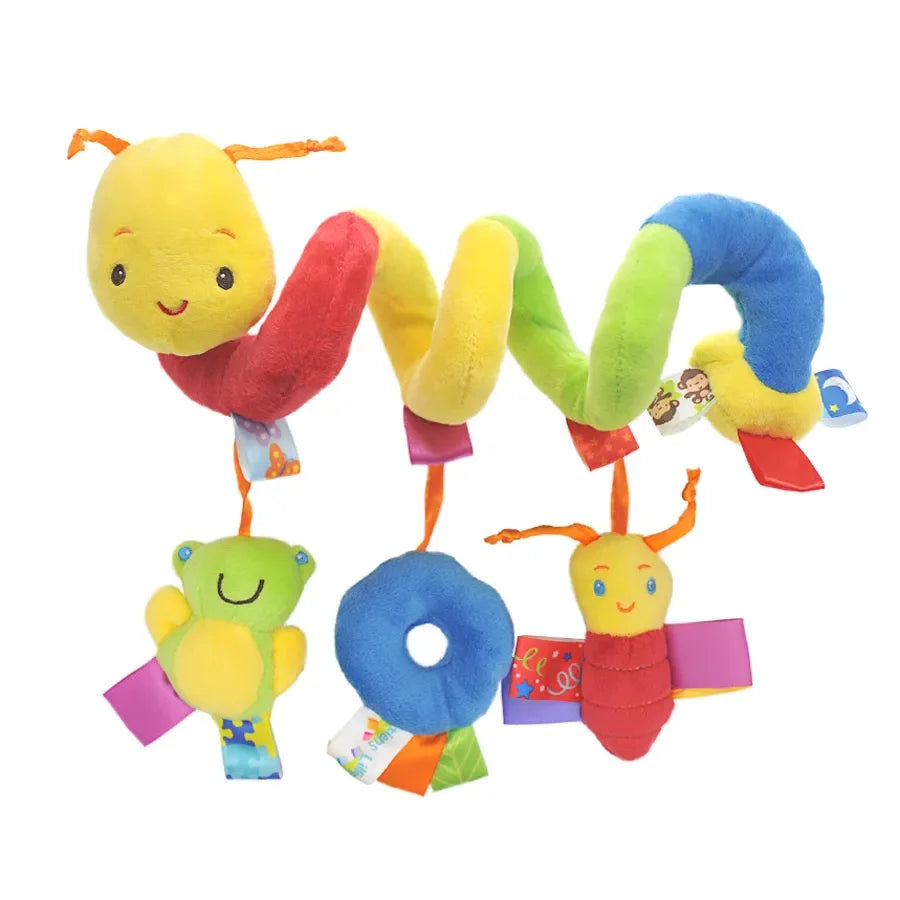 Plush spiral infant car seat toy with colorful animal rattles and textures