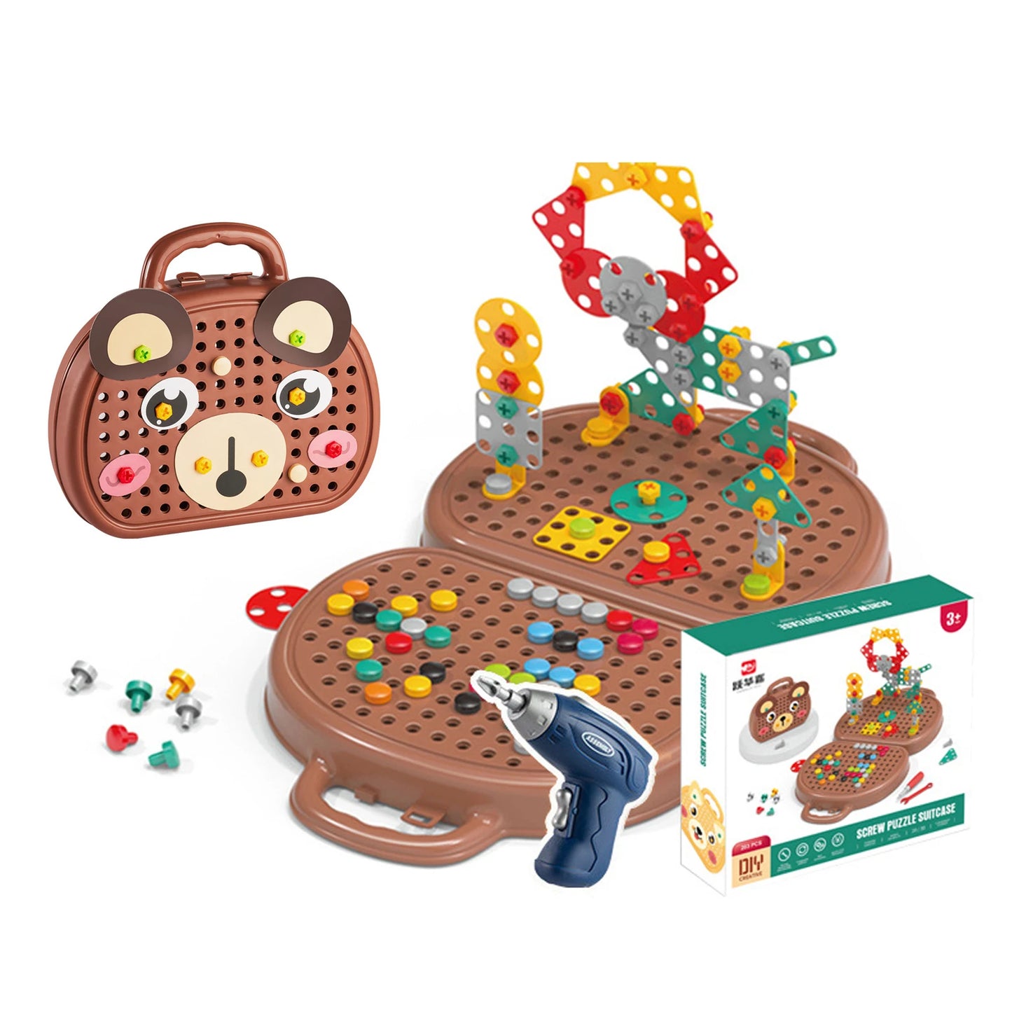 Bear design kids’ STEM drill set with colorful building pieces and case