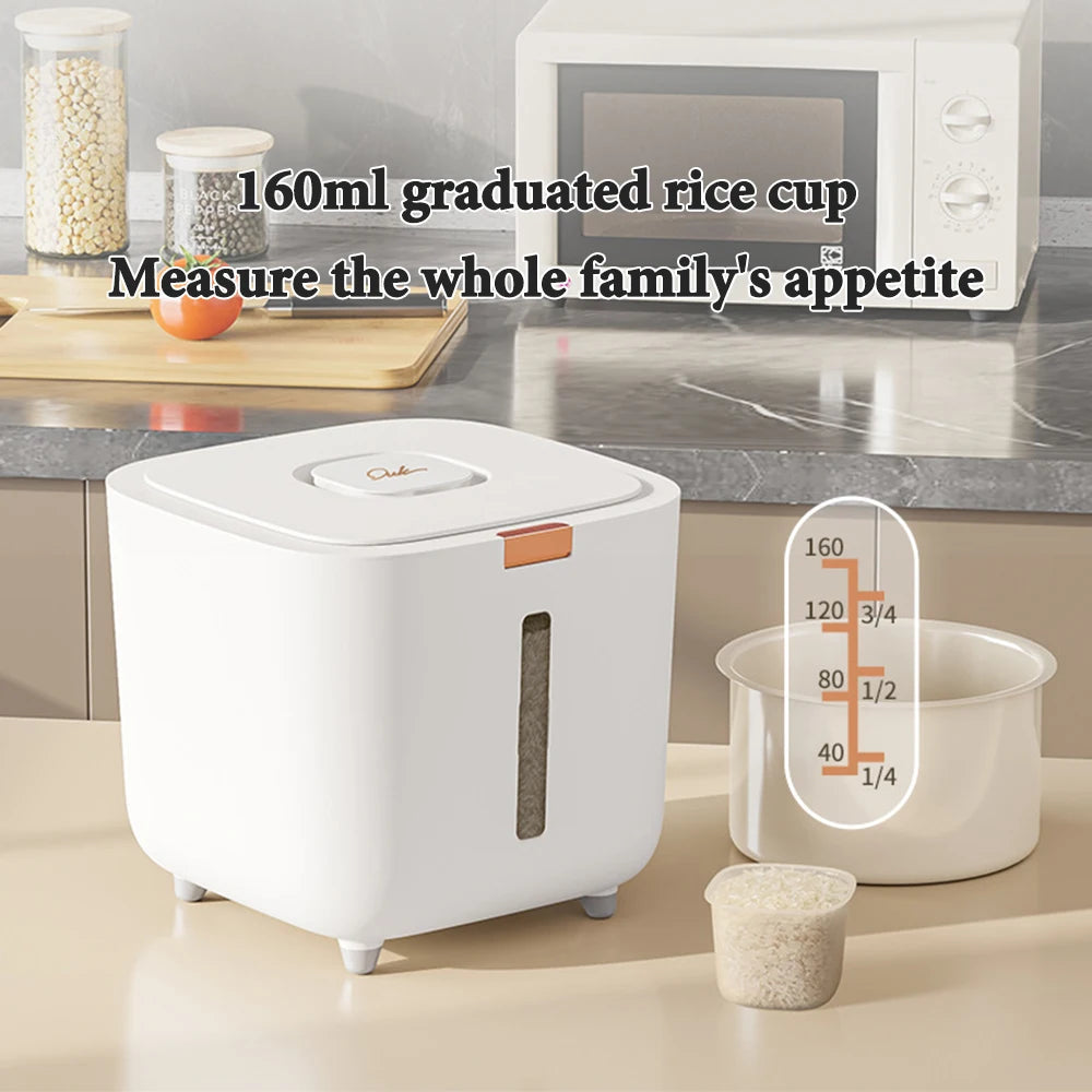 Sealed kitchen rice and grain storage container with moisture absorber and clear window