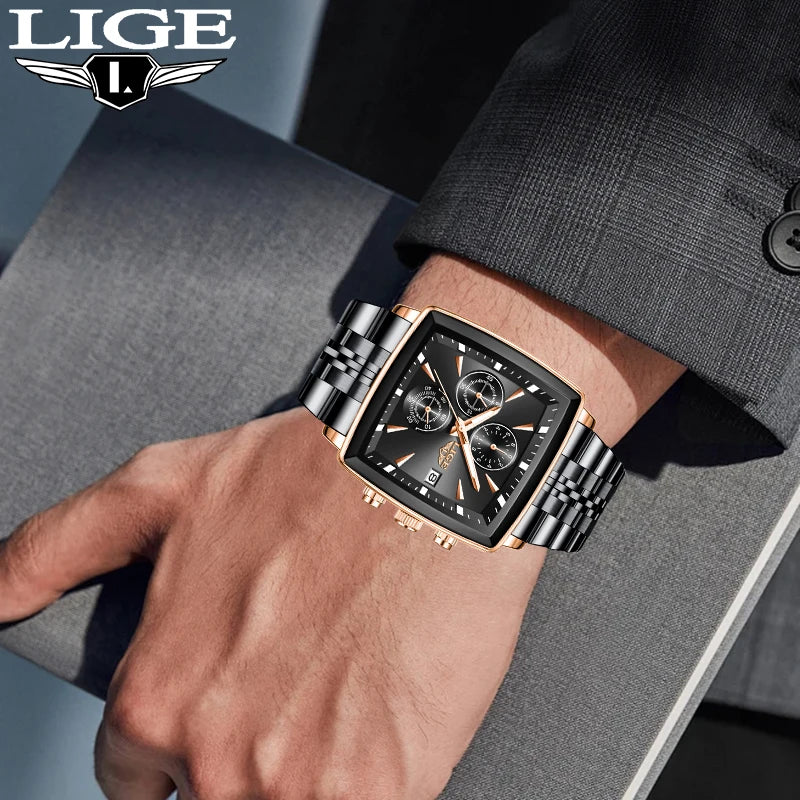 Luxury men’s square chronograph watch with black dial, gold case, and two-tone stainless steel bracelet”
