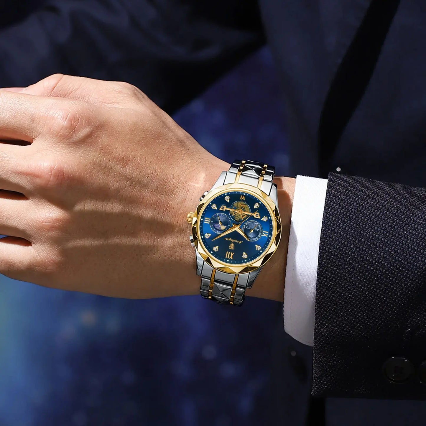 Pagani Design men’s blue dial chronograph watch with gold and silver steel bracelet