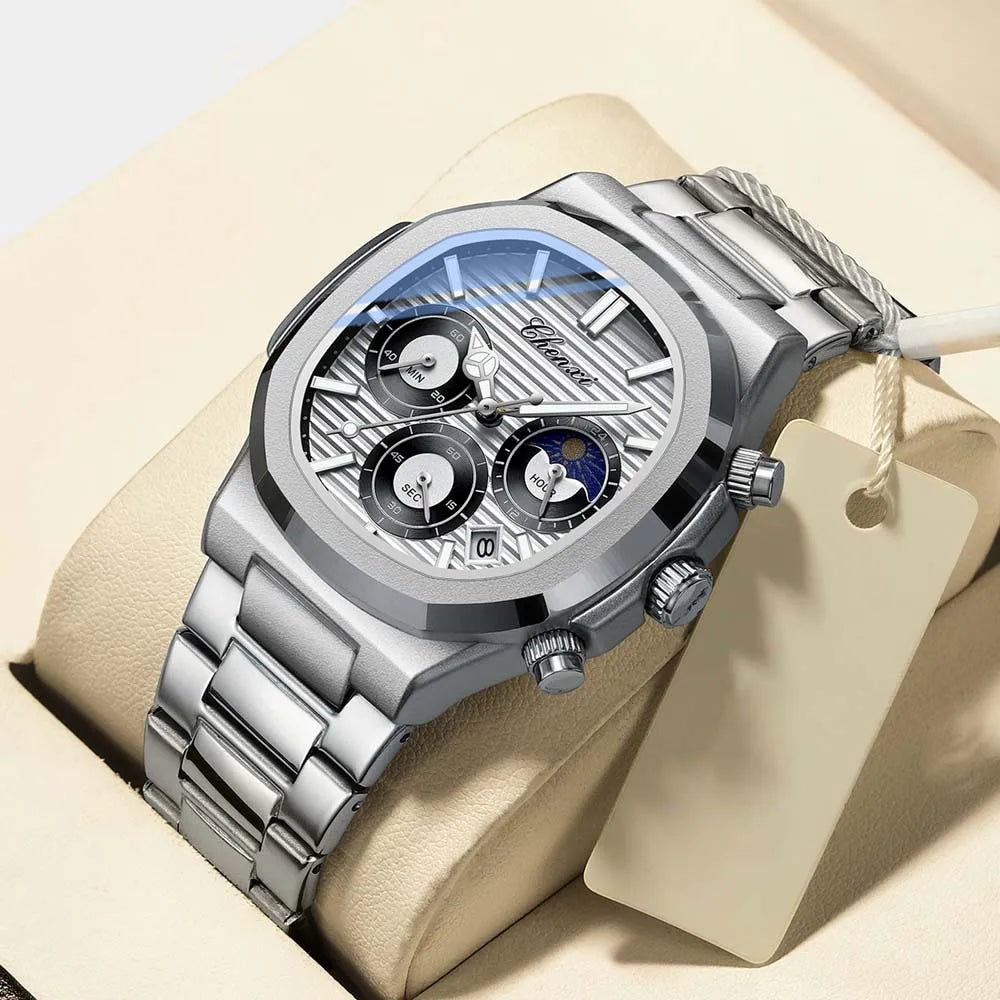 Ekonai blue chronograph watch, silver stainless steel bracelet, textured blue dial, multi-subdials