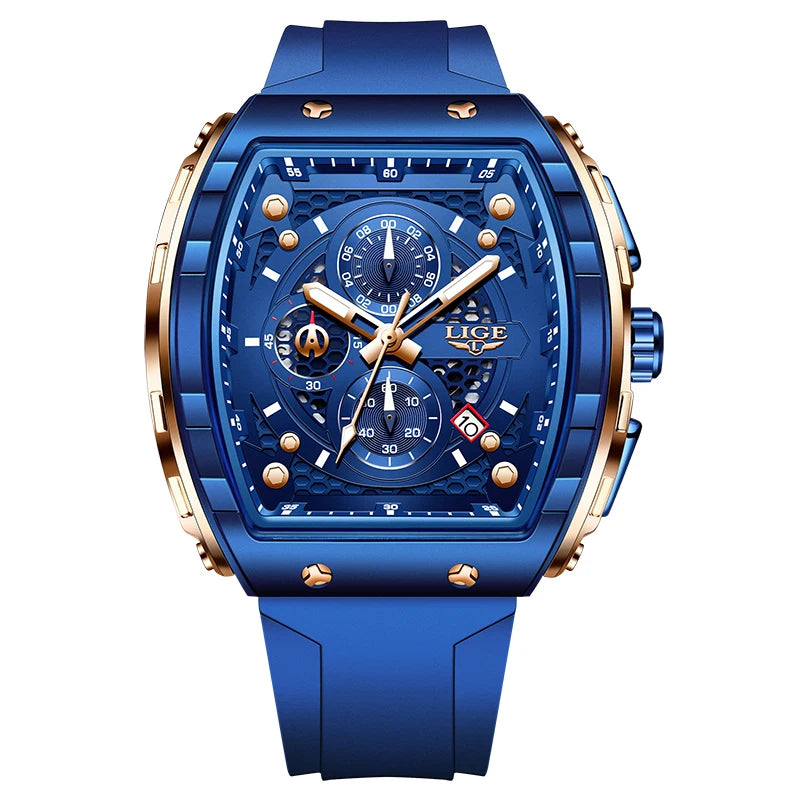 LIGE tonneau sport luxury men’s chronograph watch with black dial, gold accents, silicone strap”